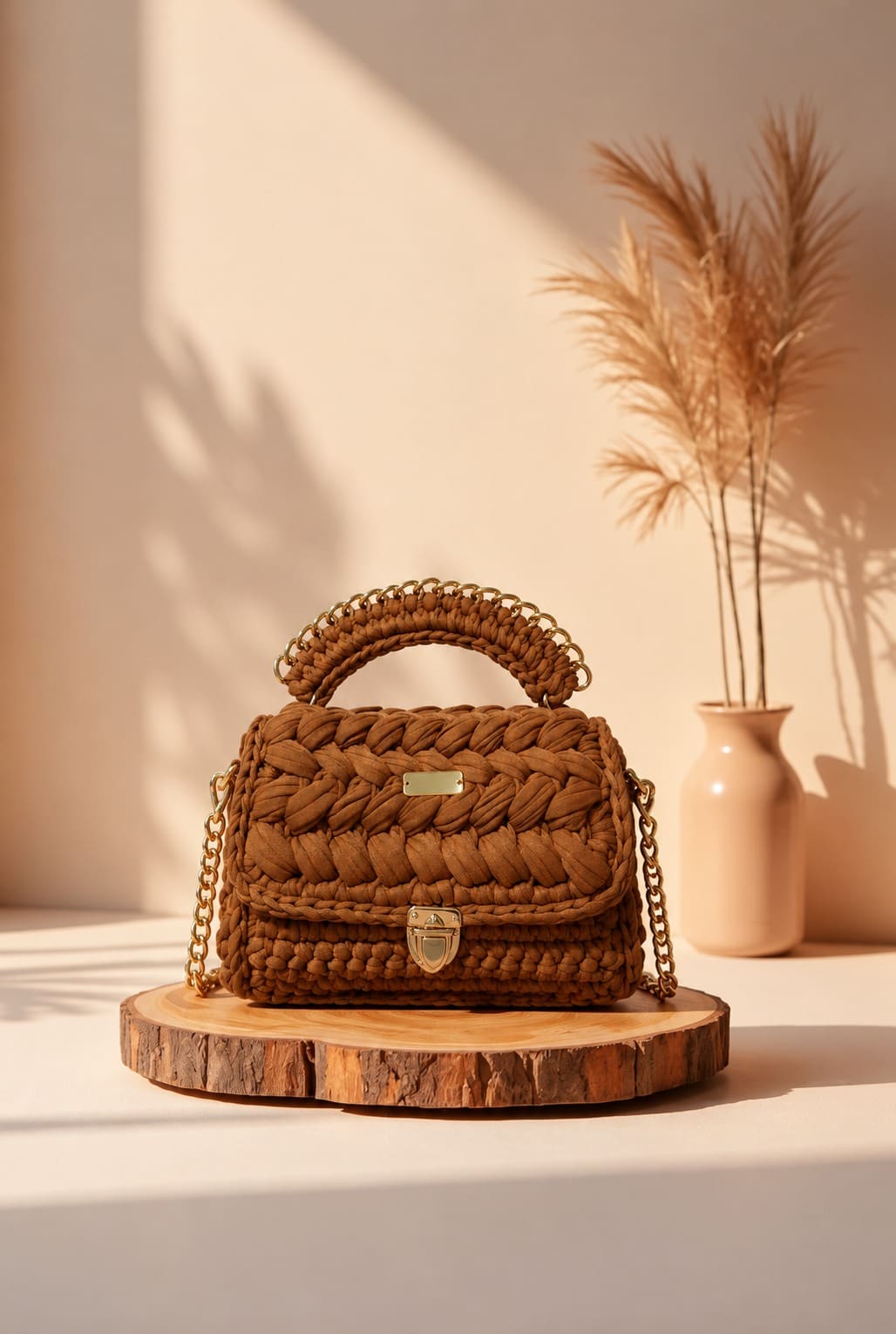 Bolsa de crochê caramelo com alça de mão e detalhes dourados